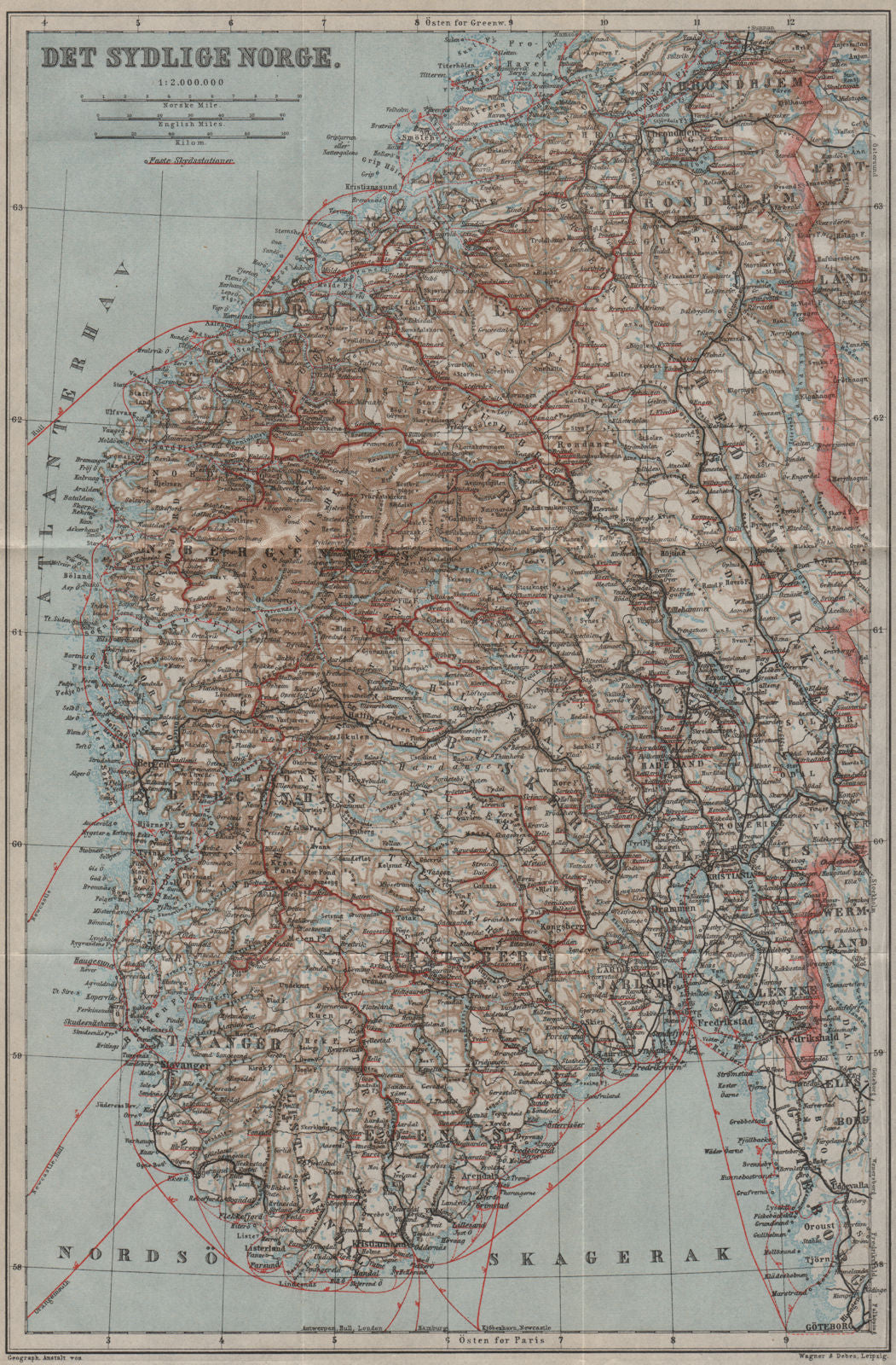 SOUTHERN NORWAY. Det Sydlige Norge kart. BAEDEKER 1909 old antique map chart